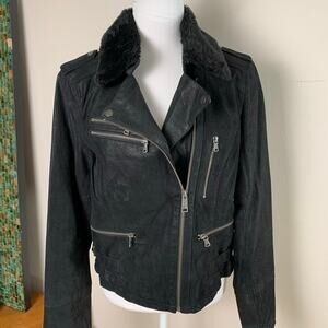 Vintage Levi’s Black Genuine Nubuck Leather Faux Fur Moto Jacket Size L Biker